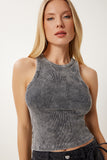 Siyah Halter Yaka Yıkamalı Fitilli Örme Bluz NS00437