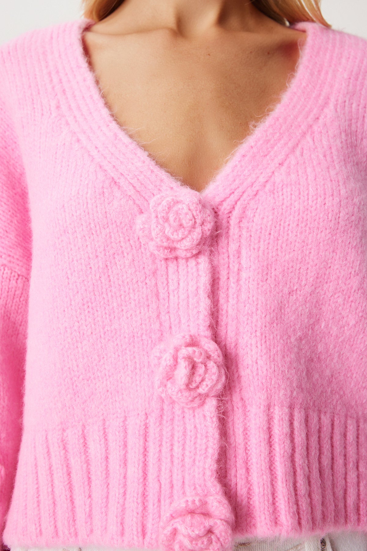 Pembe Ponpon Çiçek Detaylı Triko Hırka PF00078
