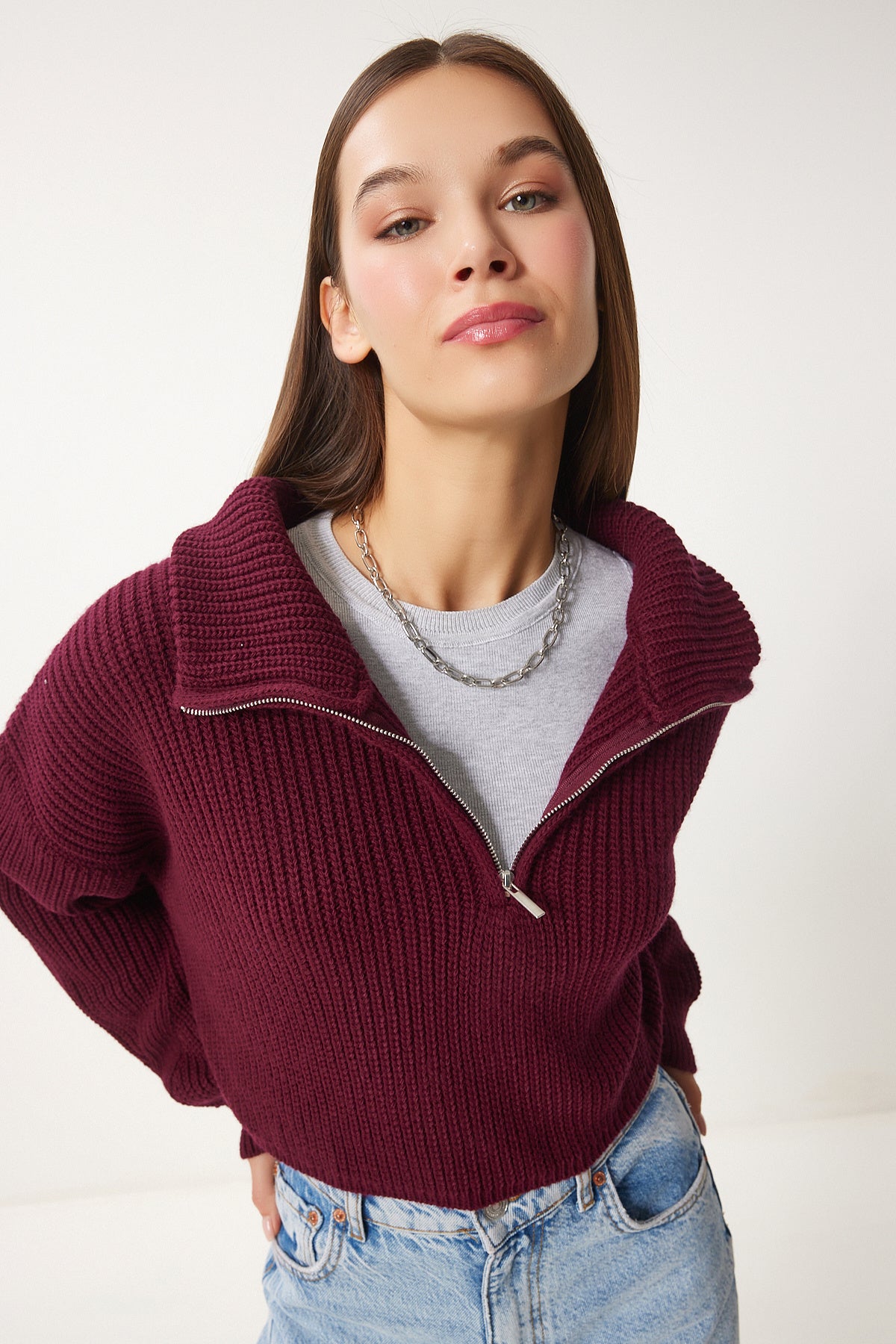 Bordo Fermuarlı Balıkçı Yaka Triko Kazak MX00124
