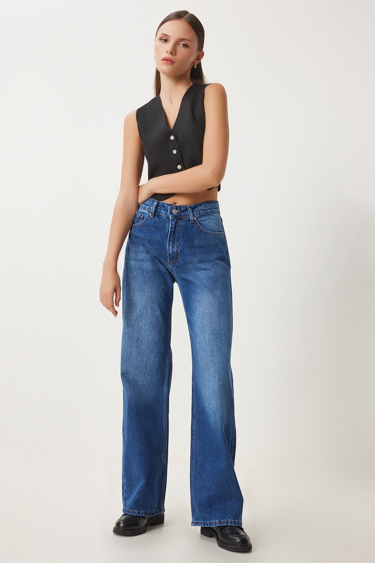 Mavi Orta Bel Geniş Paça Bol Jeans UT00023