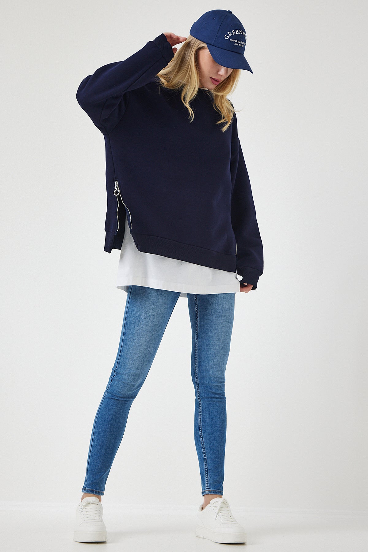 Lacivert Fermuar Detaylı Şardonlu Örme Sweatshirt UB00148