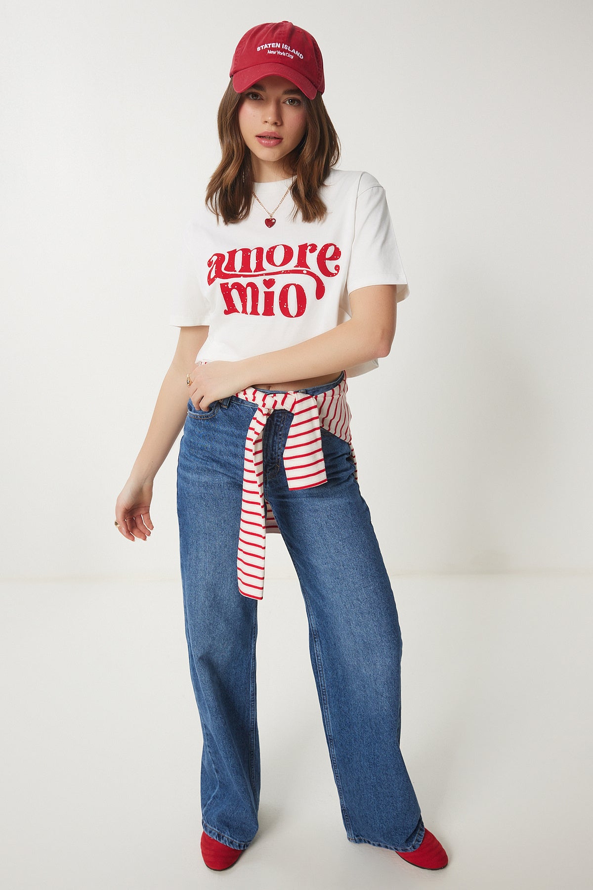 Ekru Baskılı Pamuklu Kısa Örme T-Shirt CR00445