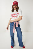 Ekru Baskılı Pamuklu Kısa Örme T-Shirt CR00445