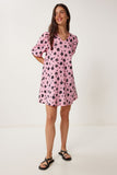 Pembe Siyah Balon Kollu Desenli Poplin Elbise RC00157