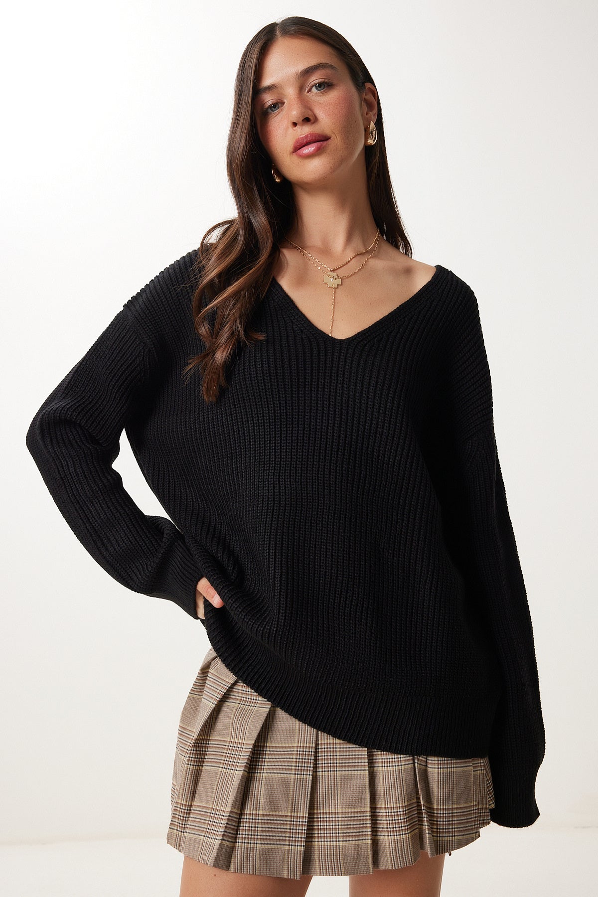 Siyah V Yaka Oversize Basic Triko Kazak MX00130