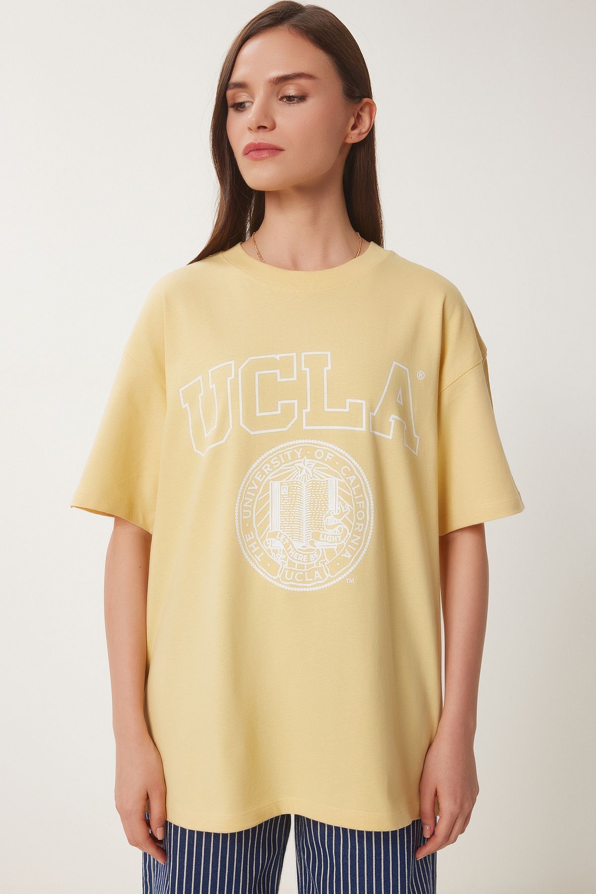 Sarı Oversize Baskılı Örme T-Shirt WO00050