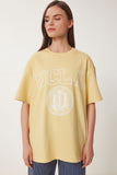 Sarı Oversize Baskılı Örme T-Shirt WO00050