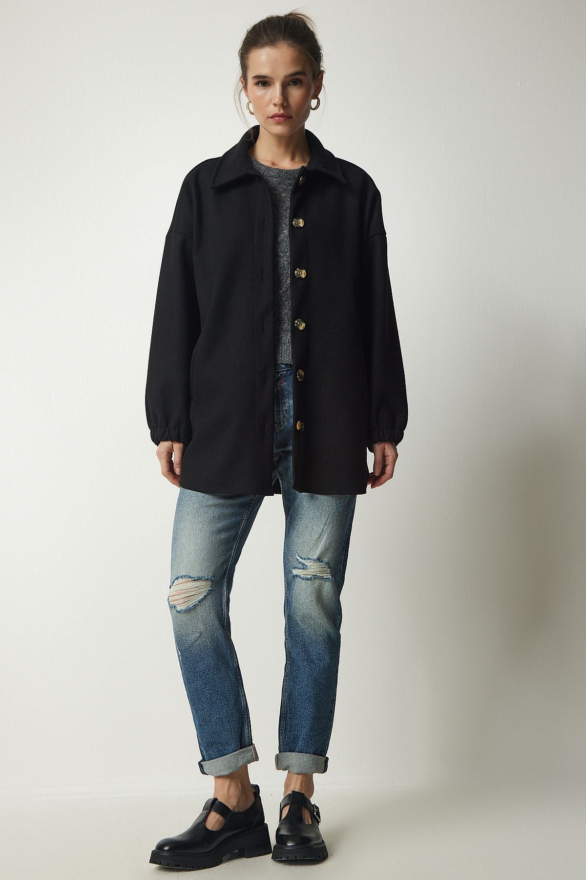 Siyah Düğmeli Cepli Oversize Gömlek Ceket DD01263