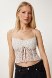 Krem Puantiyeli Askılı Crop Tül Bluz UB00392