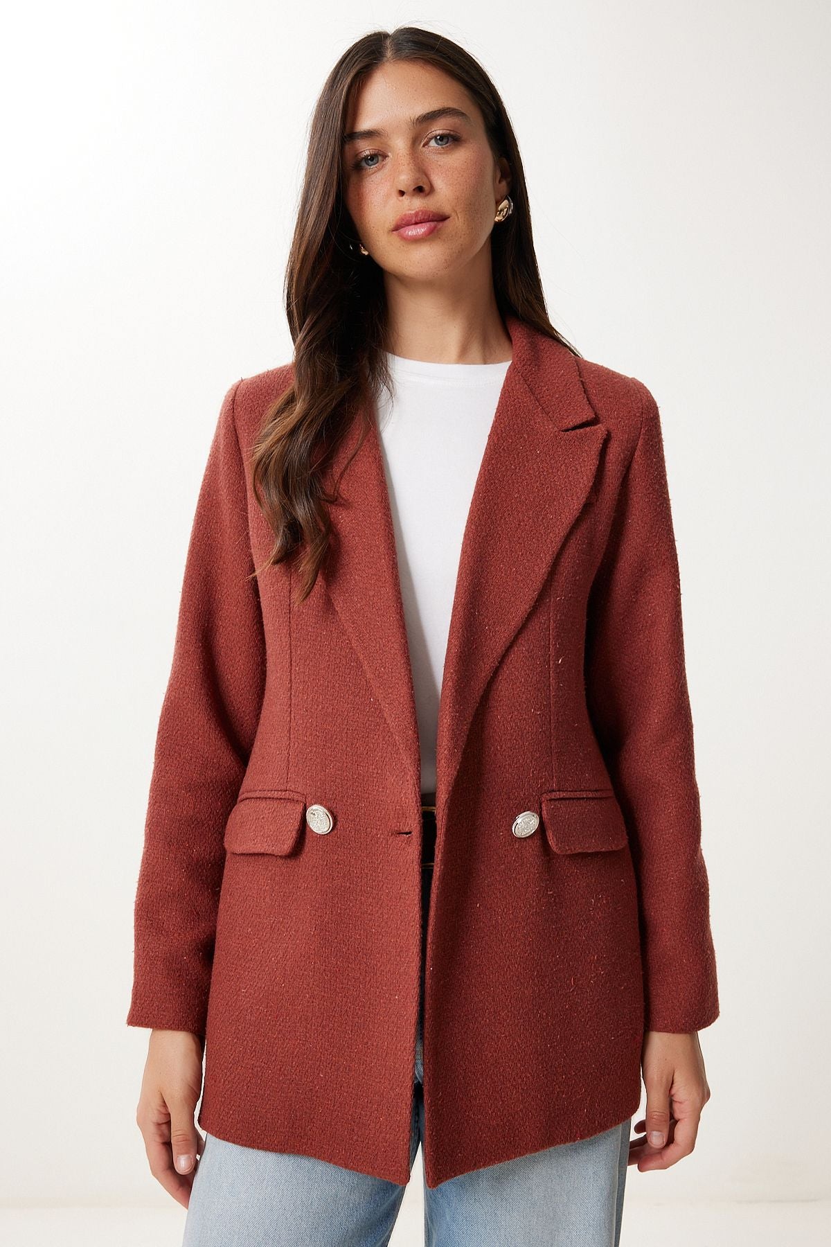 Kiremit Vatkalı Şık Düğmeli Tüvit Blazer Ceket XL00005