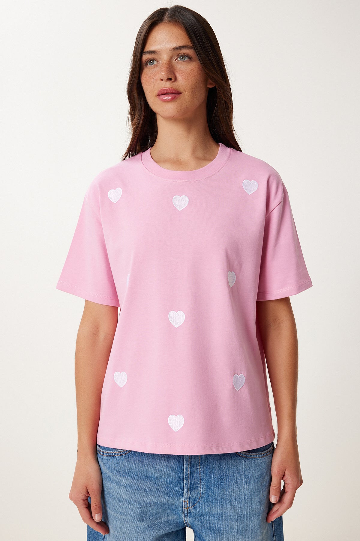 Pembe Kalp Nakışlı Pamuklu Örme T-Shirt AN00244