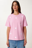 Pembe Kalp Nakışlı Pamuklu Örme T-Shirt AN00244