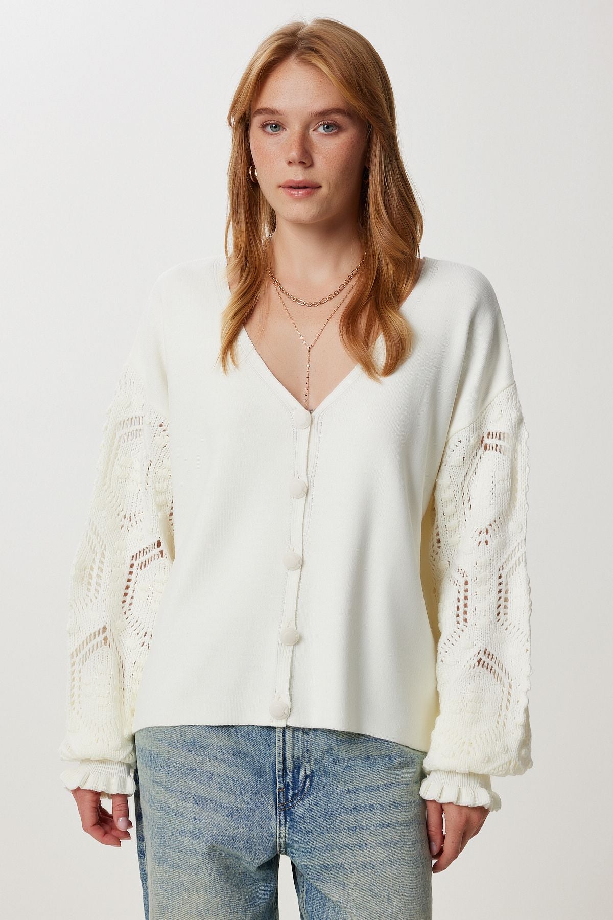 Ekru Düğmeli Ajurlu Oversize Triko Hırka WA00003