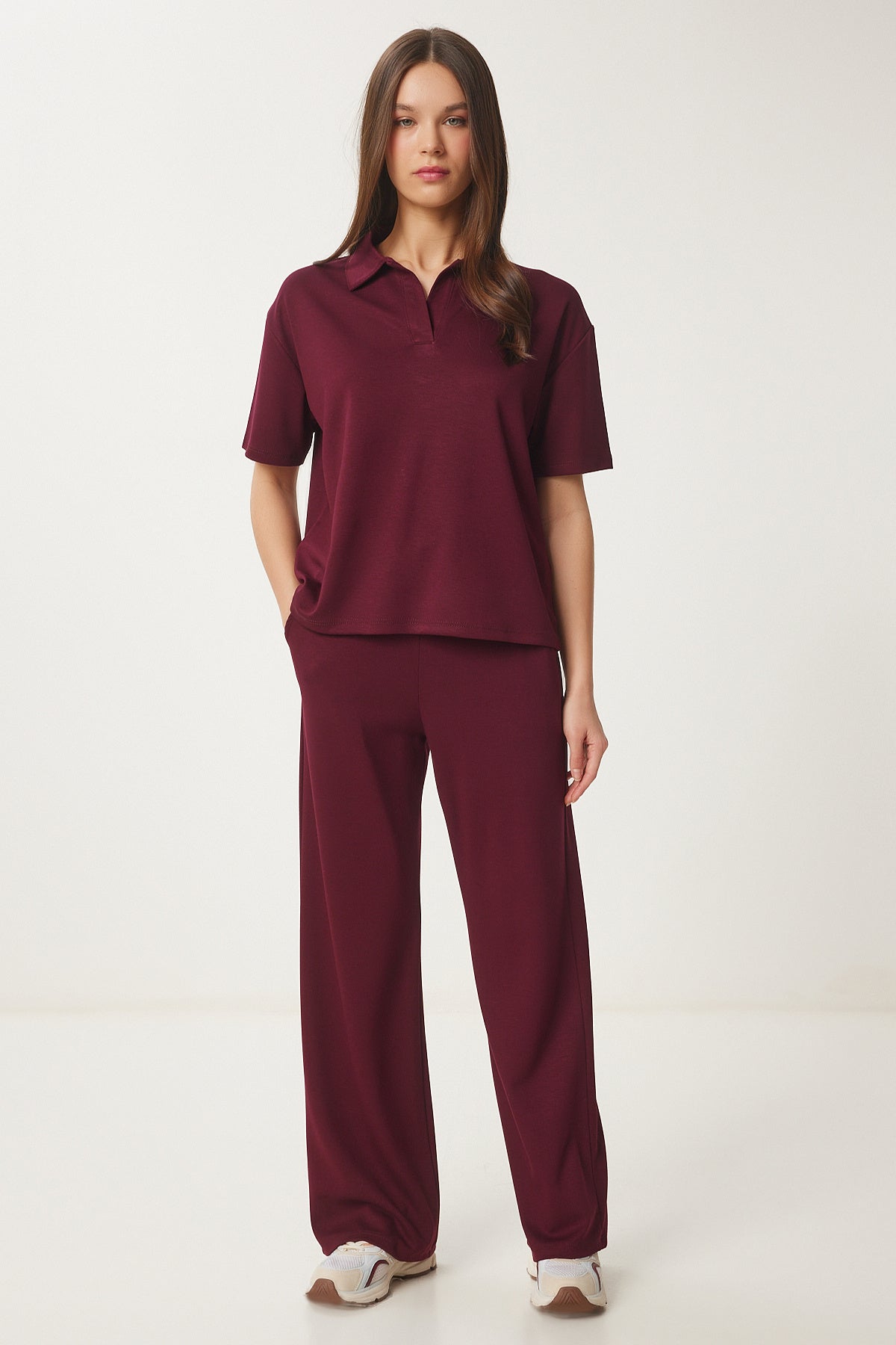 Bordo Polo Yaka Örme Alt-Üst Takım AN00231