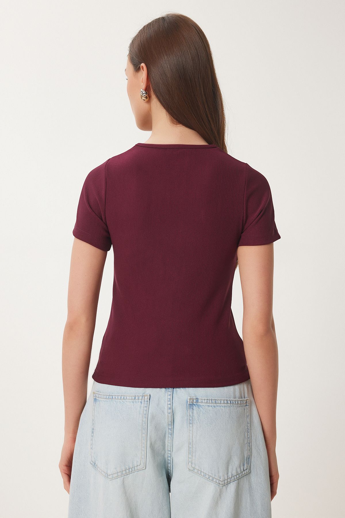 Bordo Gold Aksesuarlı Fitilli Örme Bluz ZV00297