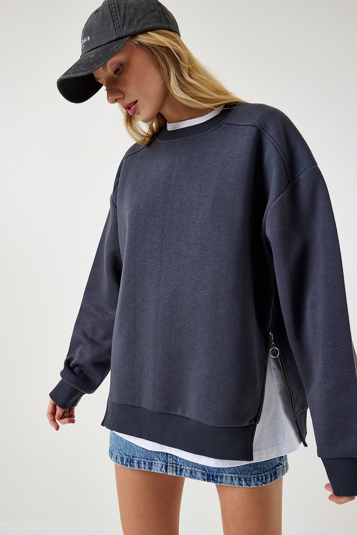 Antrasit Fermuar Detaylı Şardonlu Örme Sweatshirt UB00148