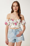 Krem Pembe Desenli Crop Viskon Bluz CR00510