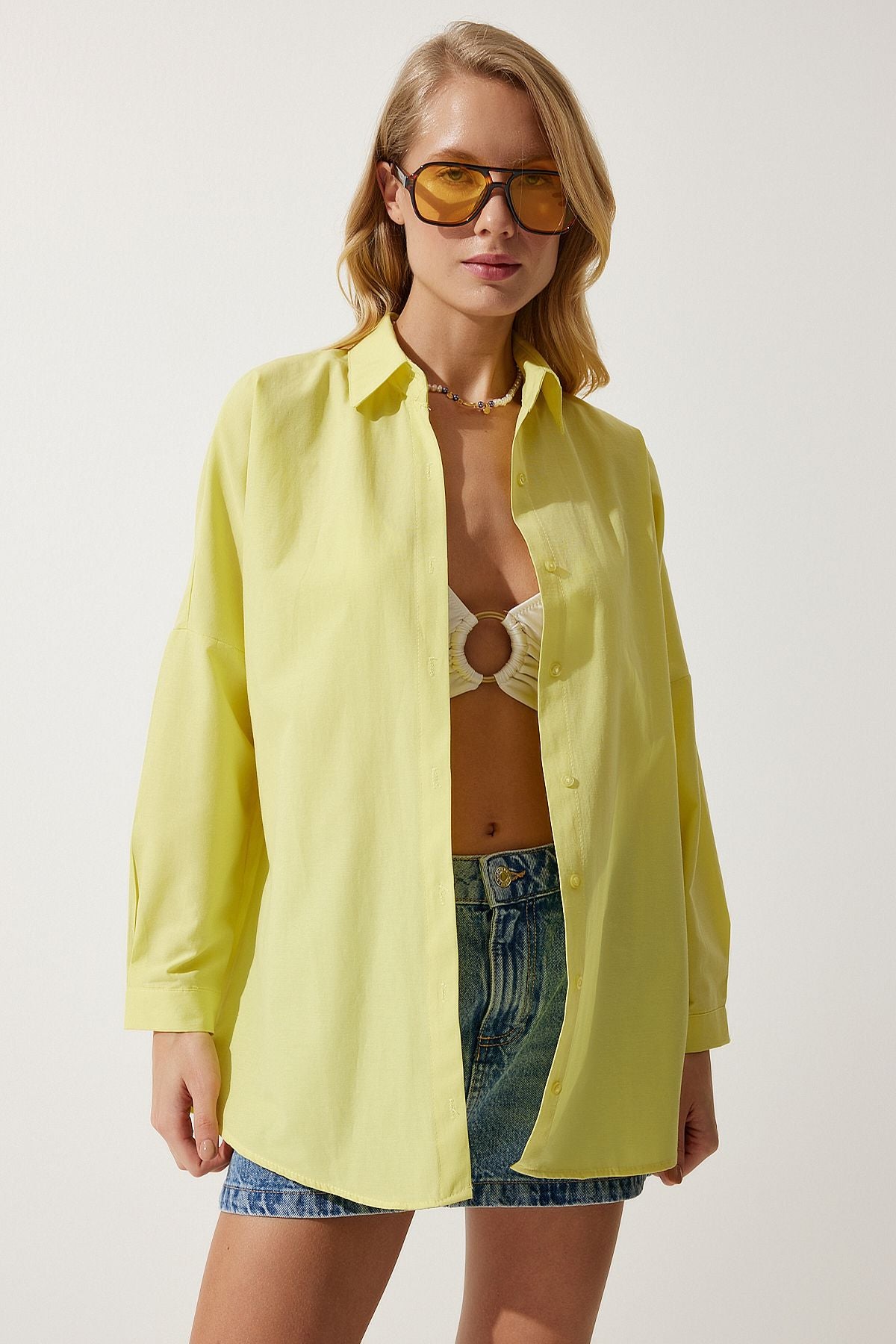 Açık Sarı Oversize Uzun Basic Gömlek  DD00842