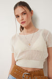 Krem Ajurlu Yazlık Crop Triko Bluz ZA00076