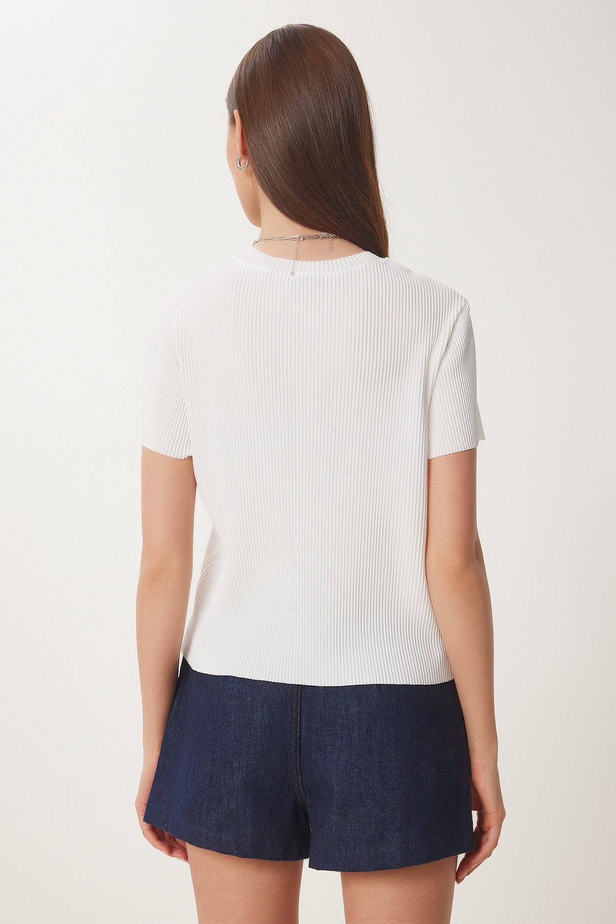Beyaz Basic Fitilli Örme Bluz HF00468