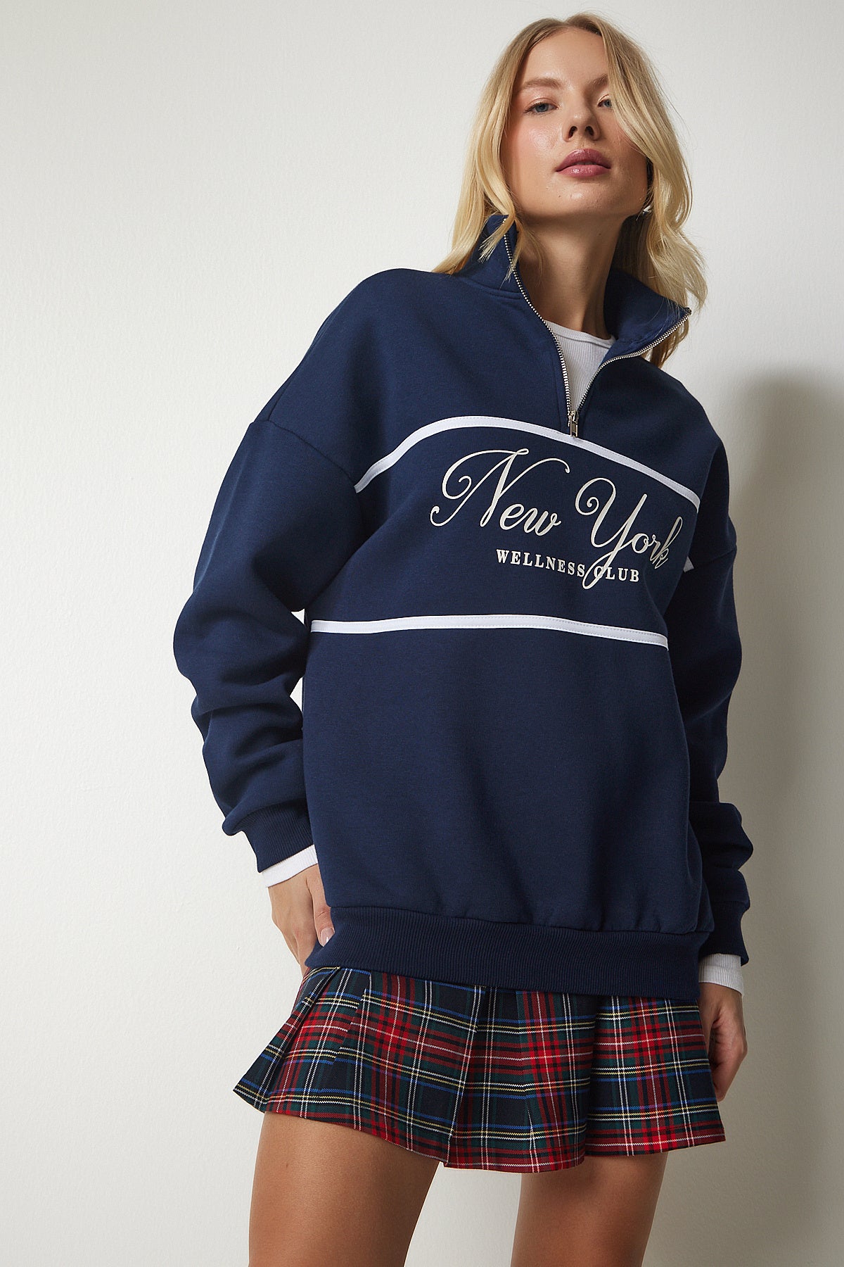 Lacivert Fermuarlı Yaka Baskılı Şardonlu Sweatshirt UB00168