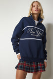 Lacivert Fermuarlı Yaka Baskılı Şardonlu Sweatshirt UB00168