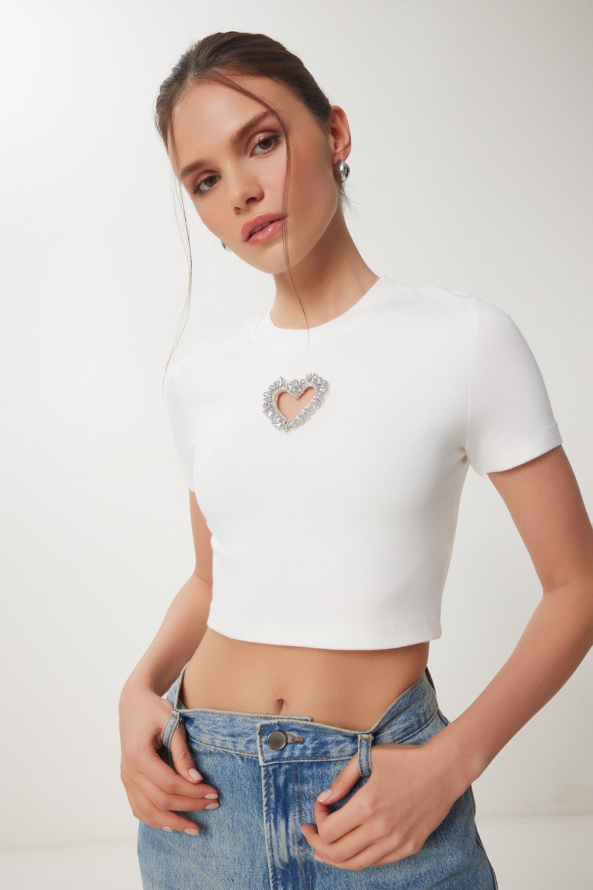 Kemik Şık Taşlı Kalp Detaylı Crop Örme Bluz KH00101