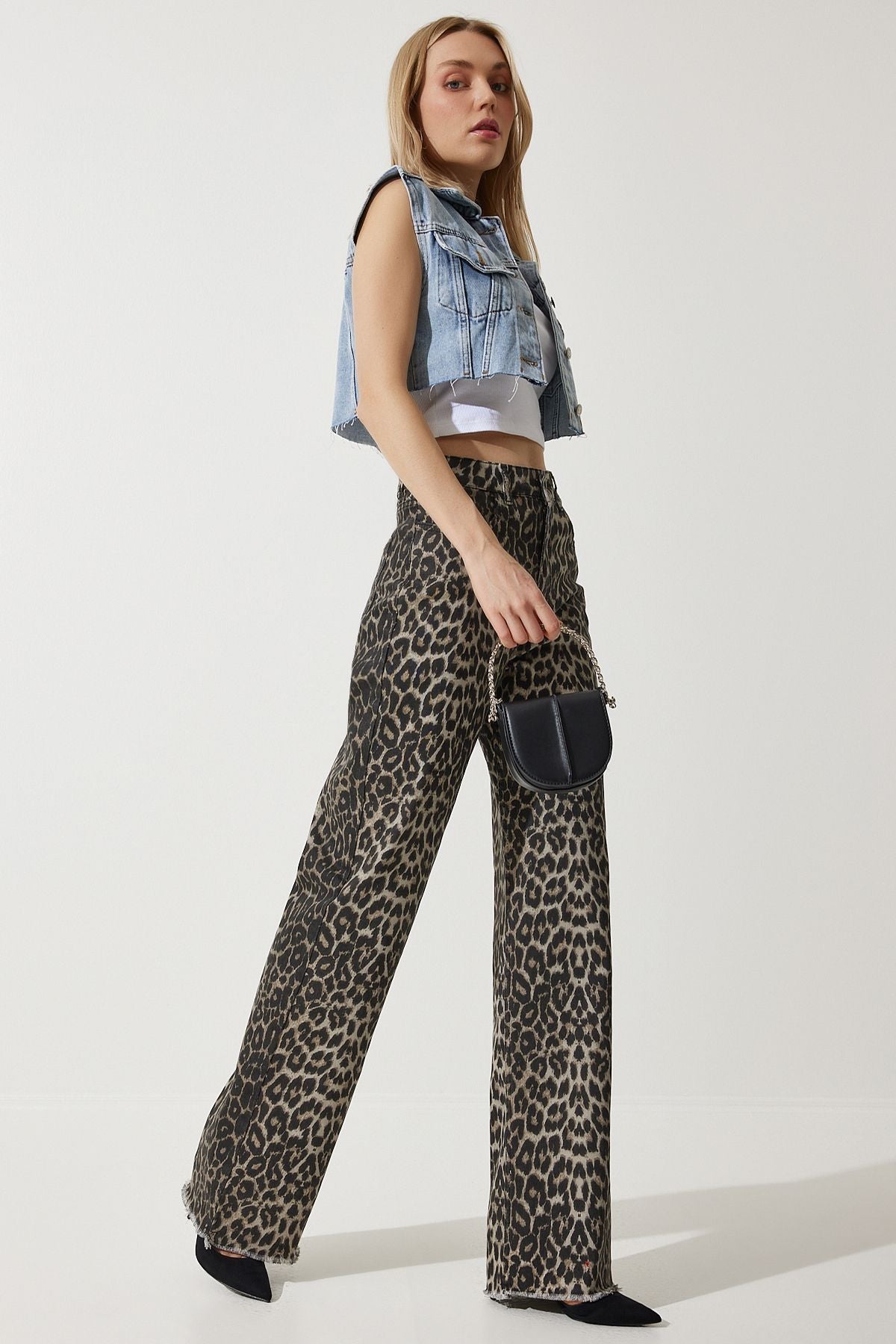 Siyah Bej Leopar Desenli Palazzo Jean VC00002