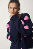 Lacivert Çilek Motifli Oversize Triko Hırka PF00008