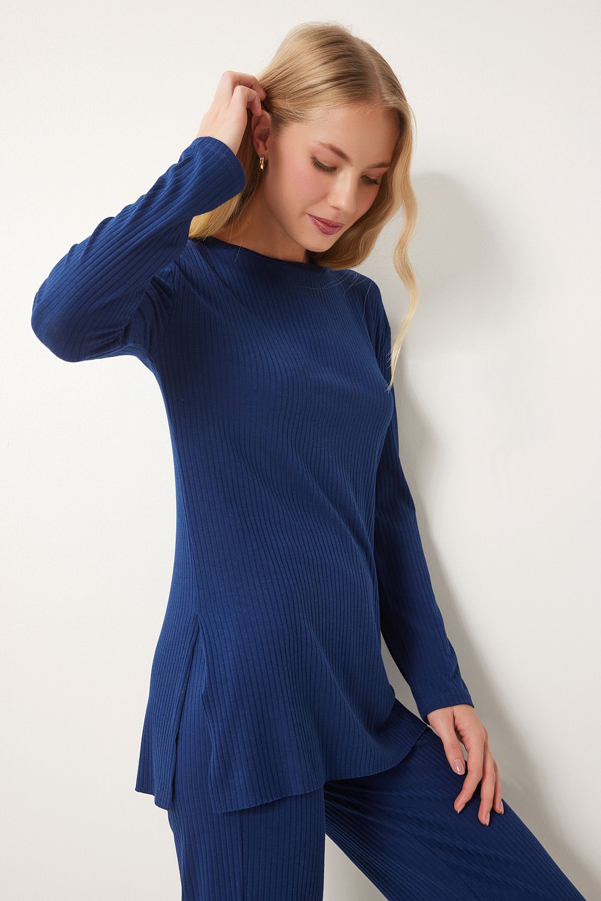 Lacivert Rahat Fitilli Örme Bluz Pantolon Takım OW00054