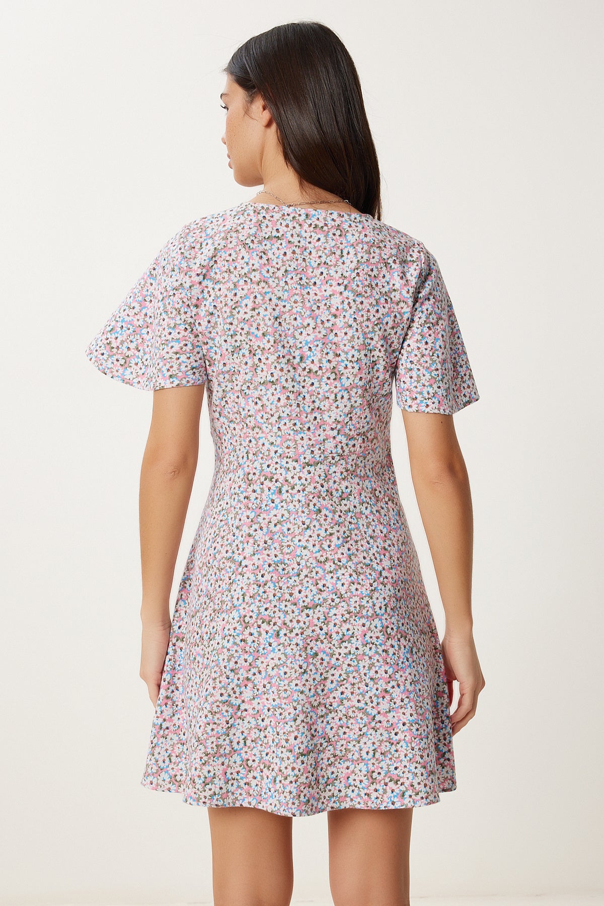 Pembe Çiçekli Yazlık Mini Keten Elbise FK00034