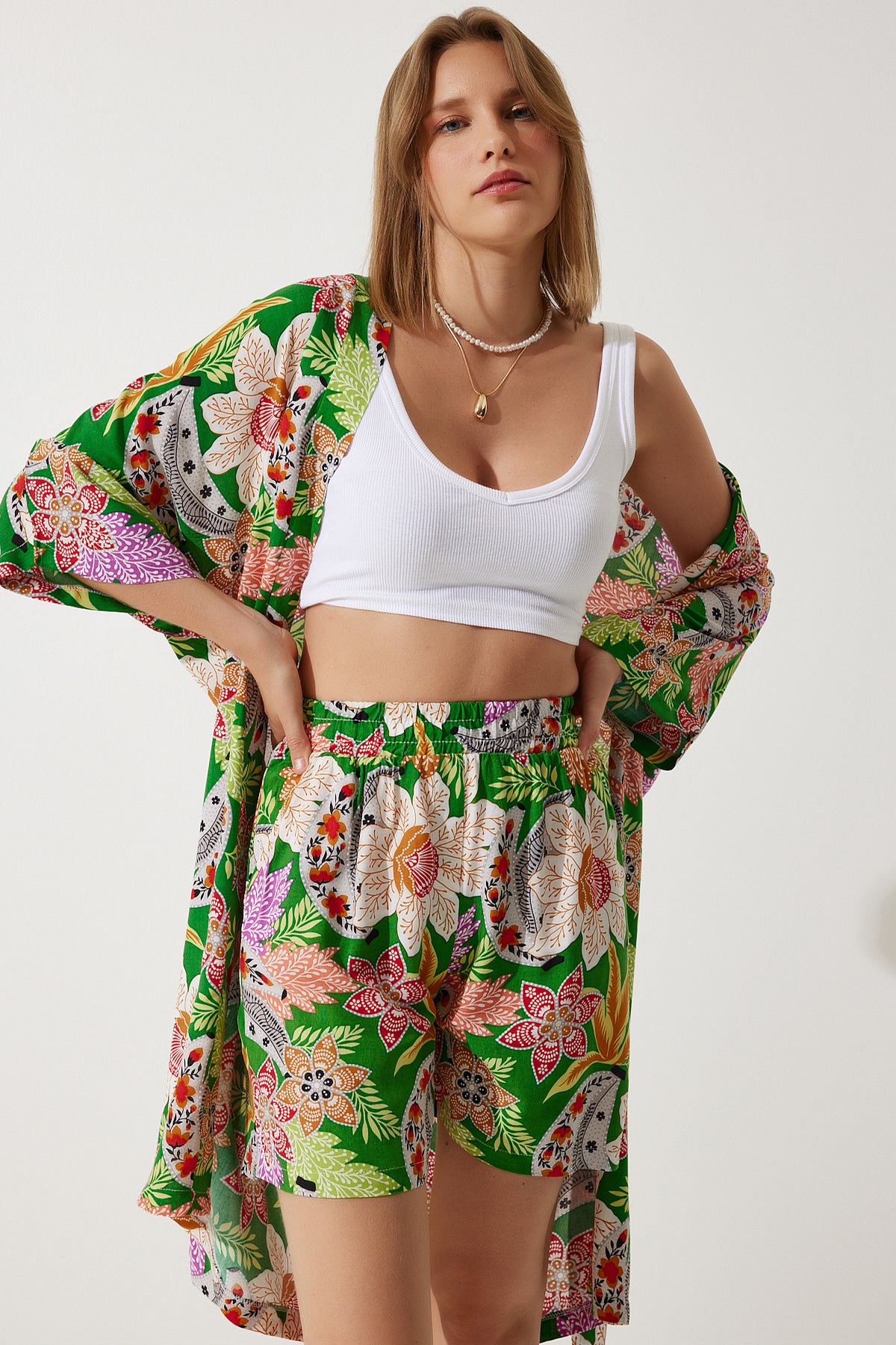 Yeşil Yazlık Viskon Kimono Şort Takım BP00161