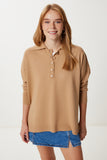 Camel Polo Yaka Şık Düğmeli Triko Kazak Kİ00161