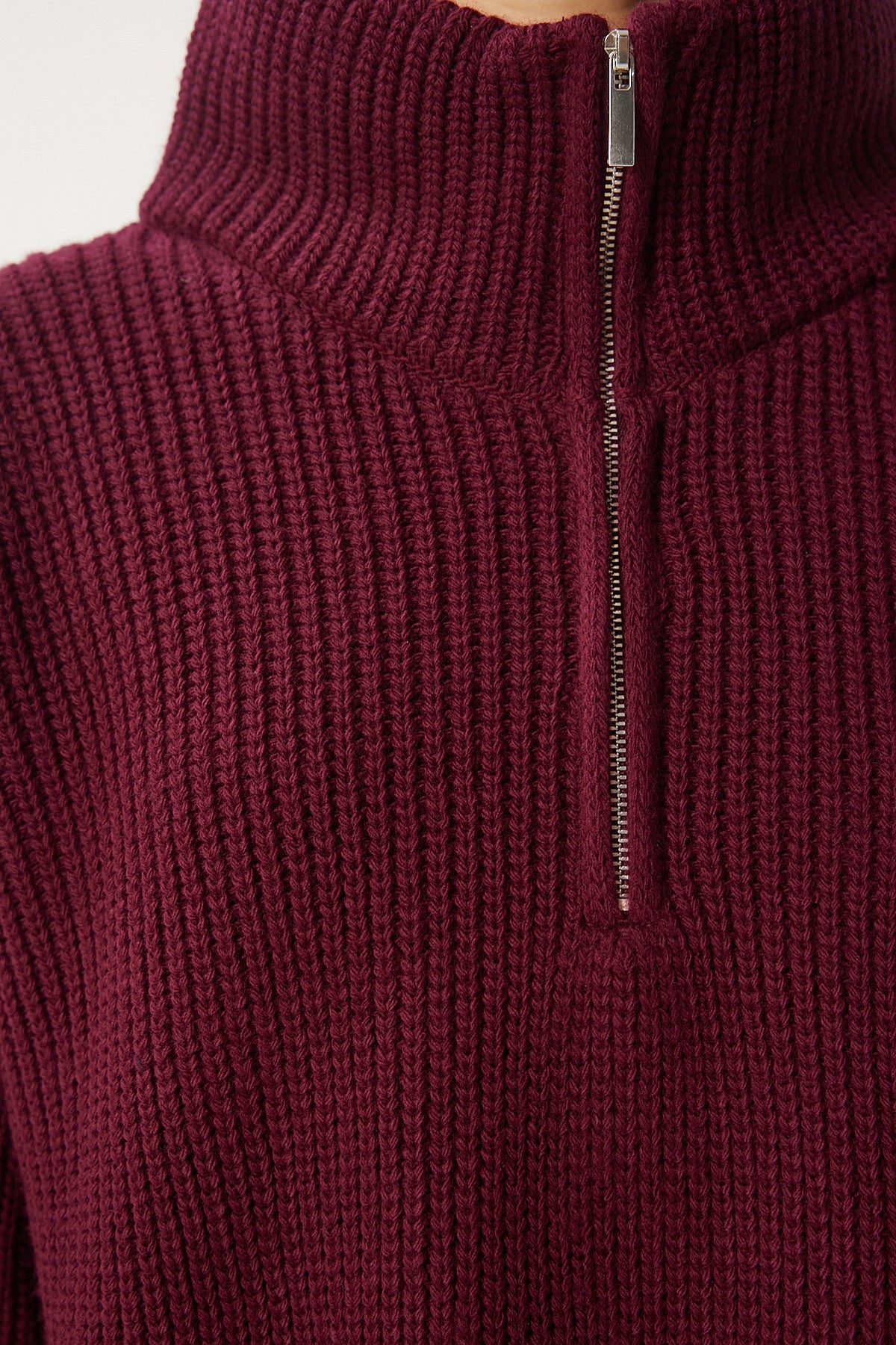 Bordo Fermuarlı Balıkçı Yaka Triko Kazak MX00124