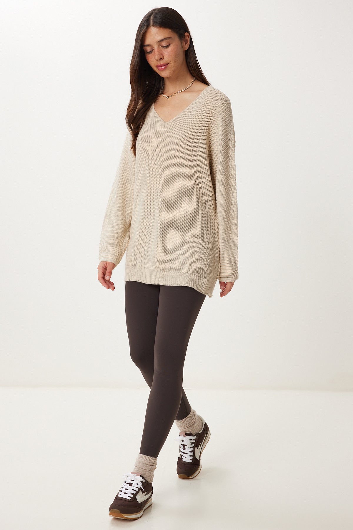 Krem V Yaka Selanik Örgü Oversize Triko Kazak ZA00059