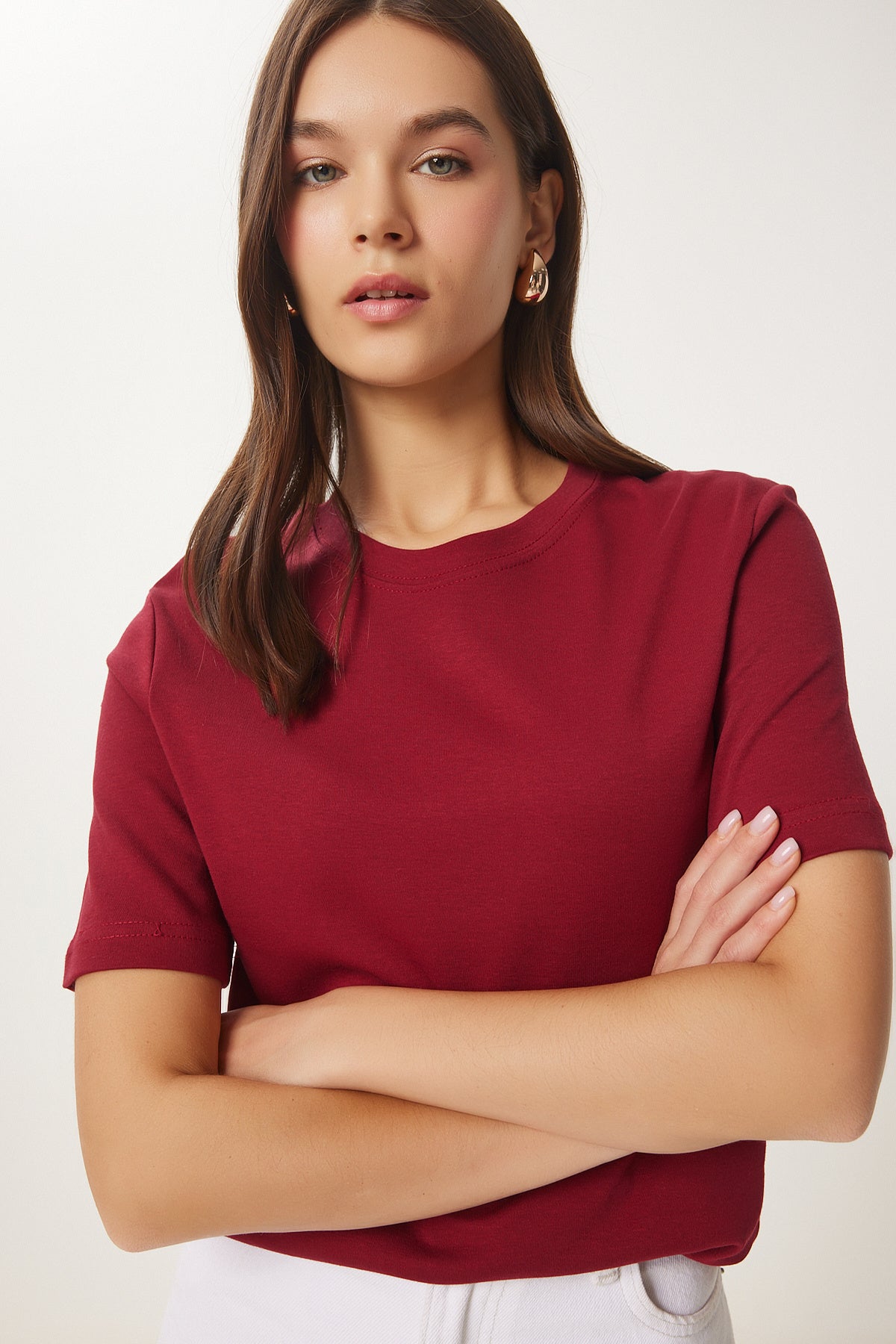 Bordo Pamuklu Basic Örme T-Shirt AG00001