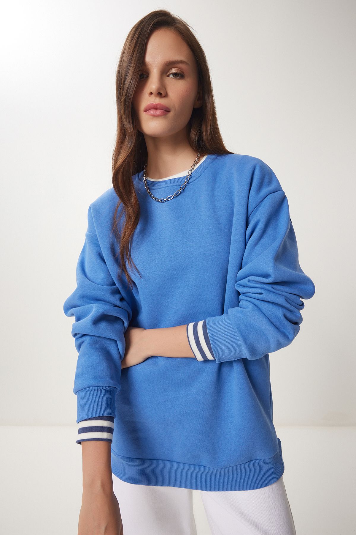 Gök Mavi Şardonlu Basic Sweatshirt OW00001