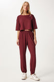 Bordo Crop T-Shirt Jogger Altlı Örme Eşofman Takımı FN03316