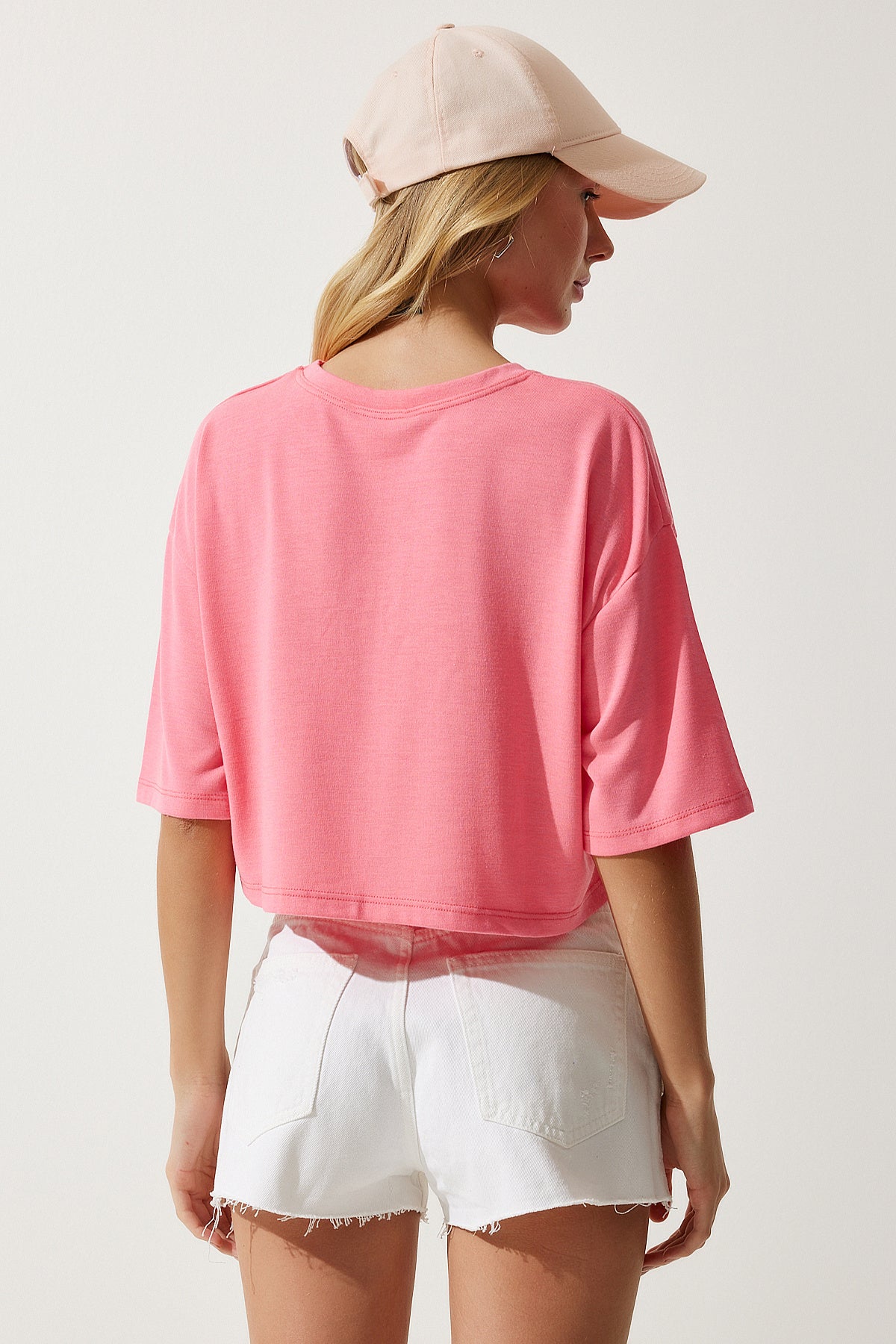 Pembe Basic Crop Örme T-Shirt RG00008