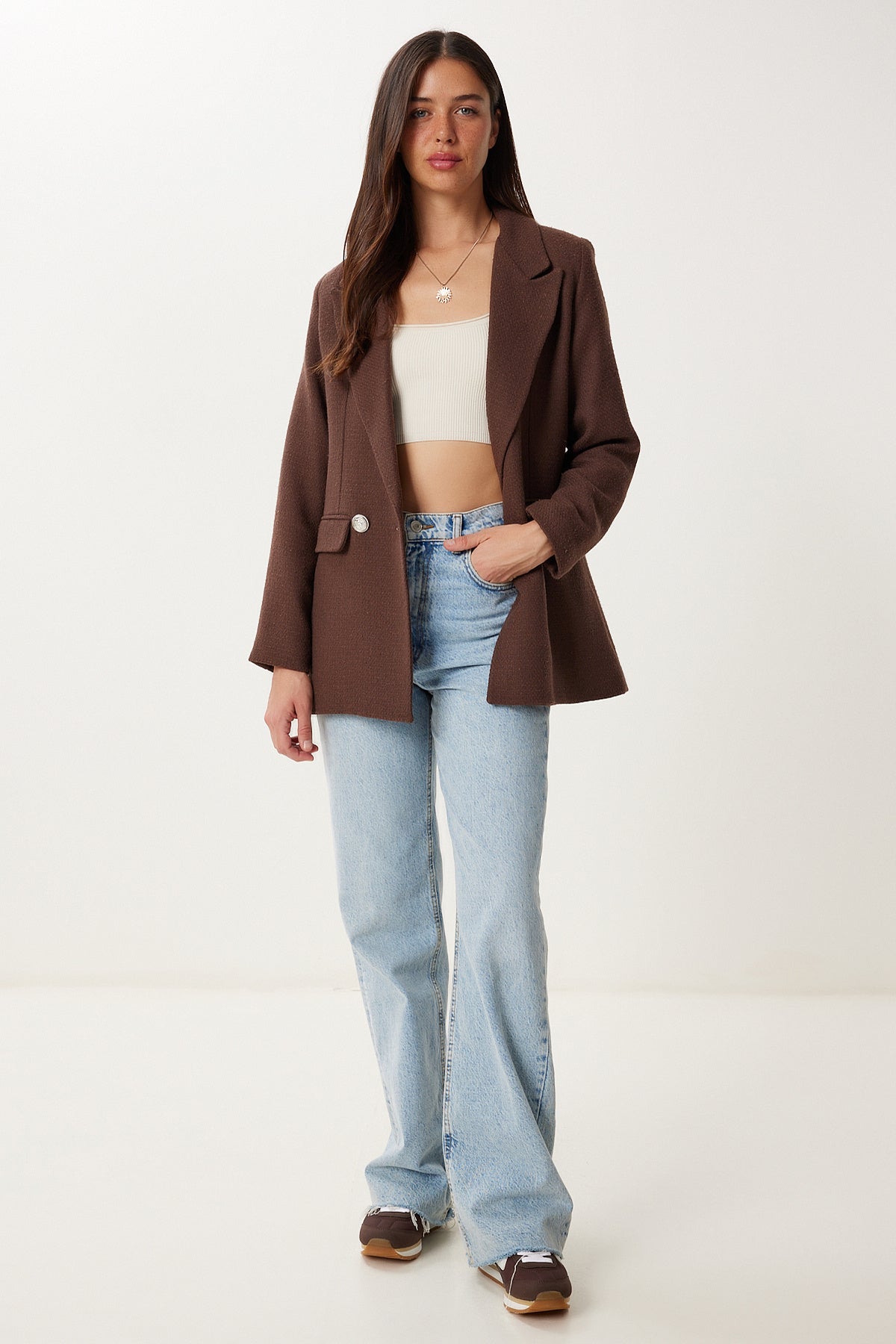 Kahverengi Vatkalı Şık Düğmeli Tüvit Blazer Ceket XL00005