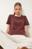 Kahverengi Kontrast Renkli Pamuklu Örme T-Shirt CR00472