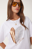 Beyaz Taş Detaylı Baskılı Örme T-Shirt BW00004