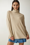 Bej Balıkçı Yaka Fitilli Oversize Örme Bluz UB00213