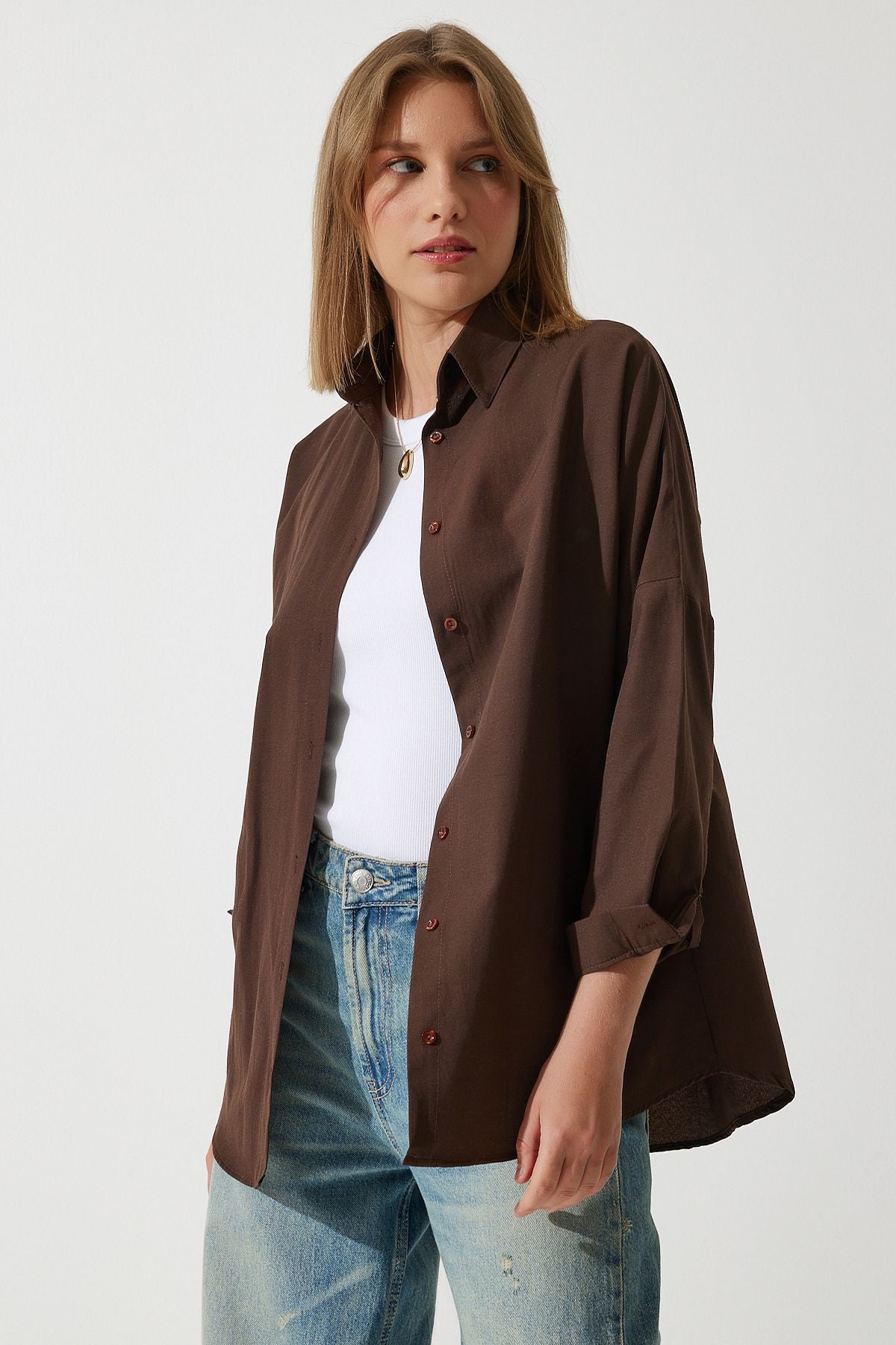 Acı Kahve Oversize Uzun Basic Gömlek  DD00842