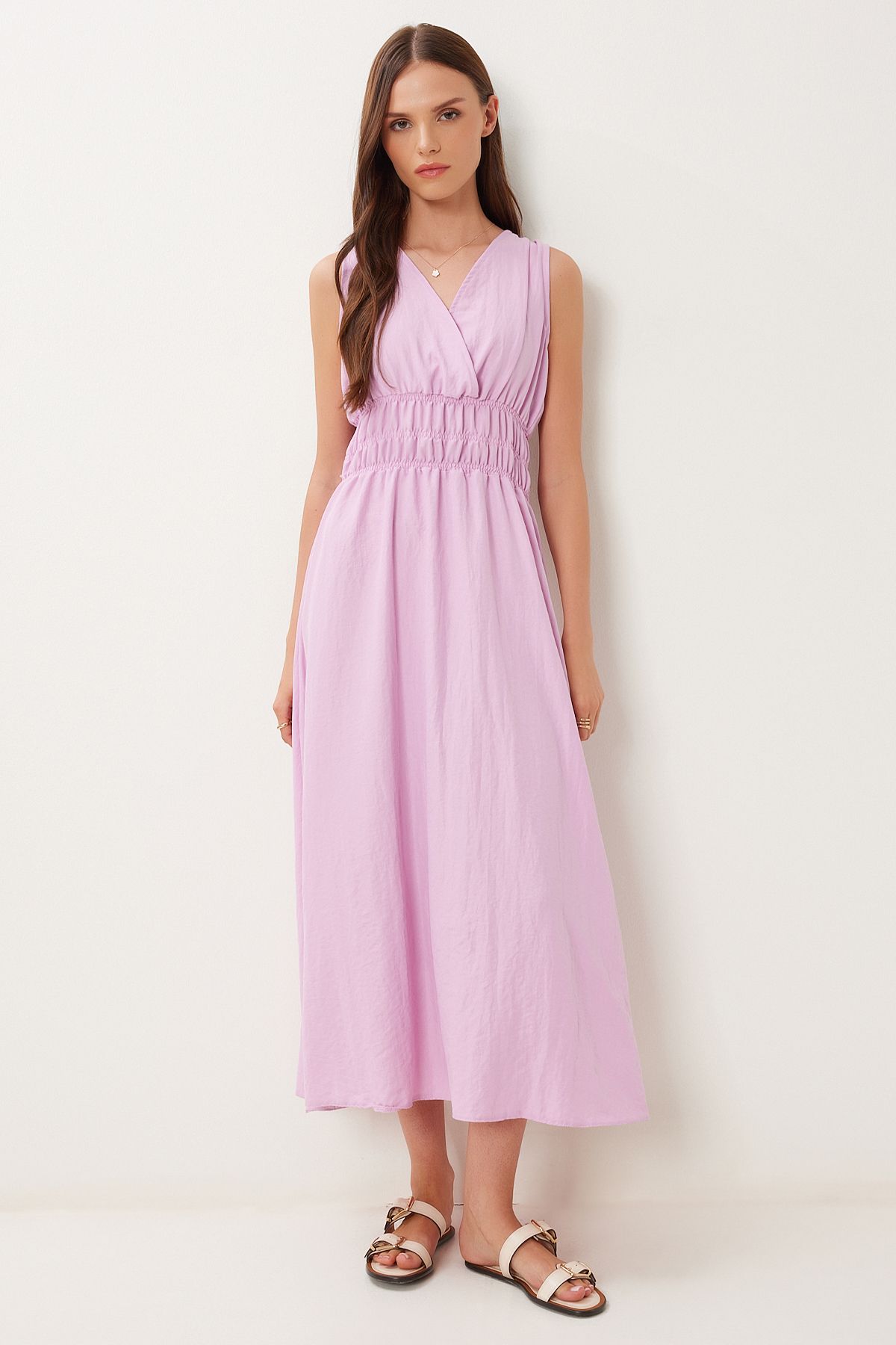Pembe Anvelop Yaka Midi Dokuma Elbise BV00159