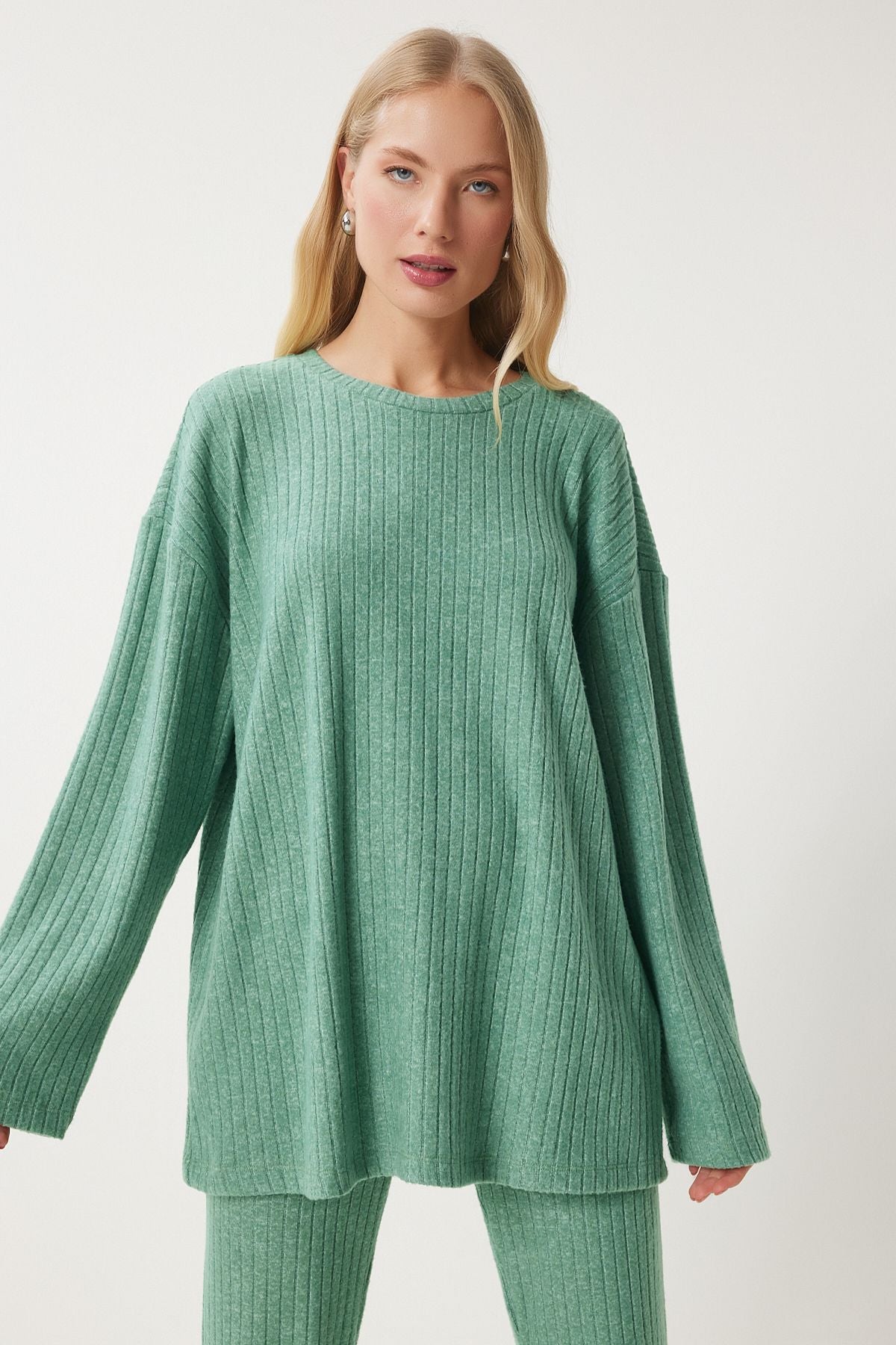 Çağla Yeşili Rahat Fitilli Örme Bluz Pantolon Takım RG00047
