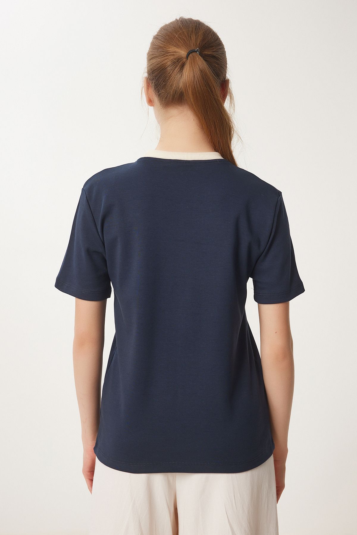 Lacivert Kontrast Renkli Pamuklu Örme T-Shirt CR00472