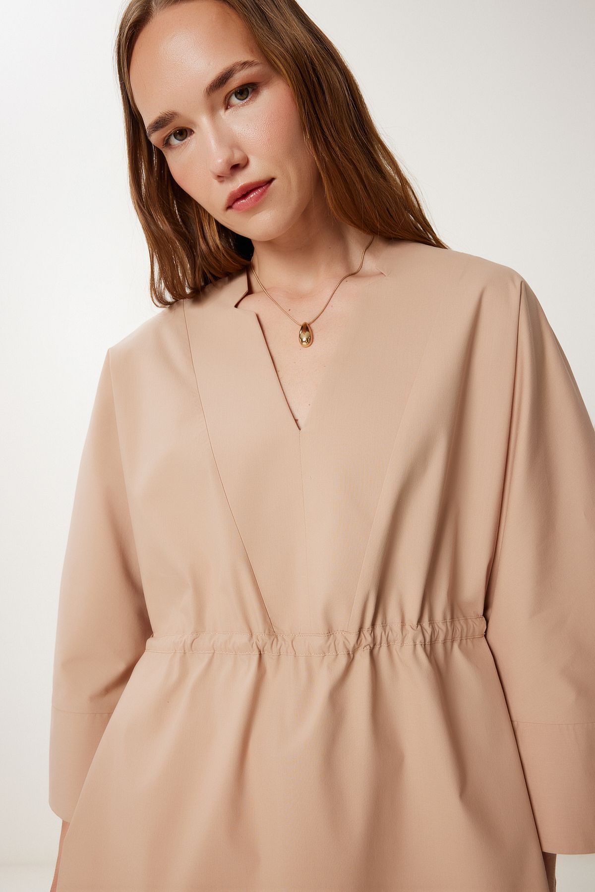 Bej Bağlama Detaylı Mevsimlik Poplin Bluz WF00132