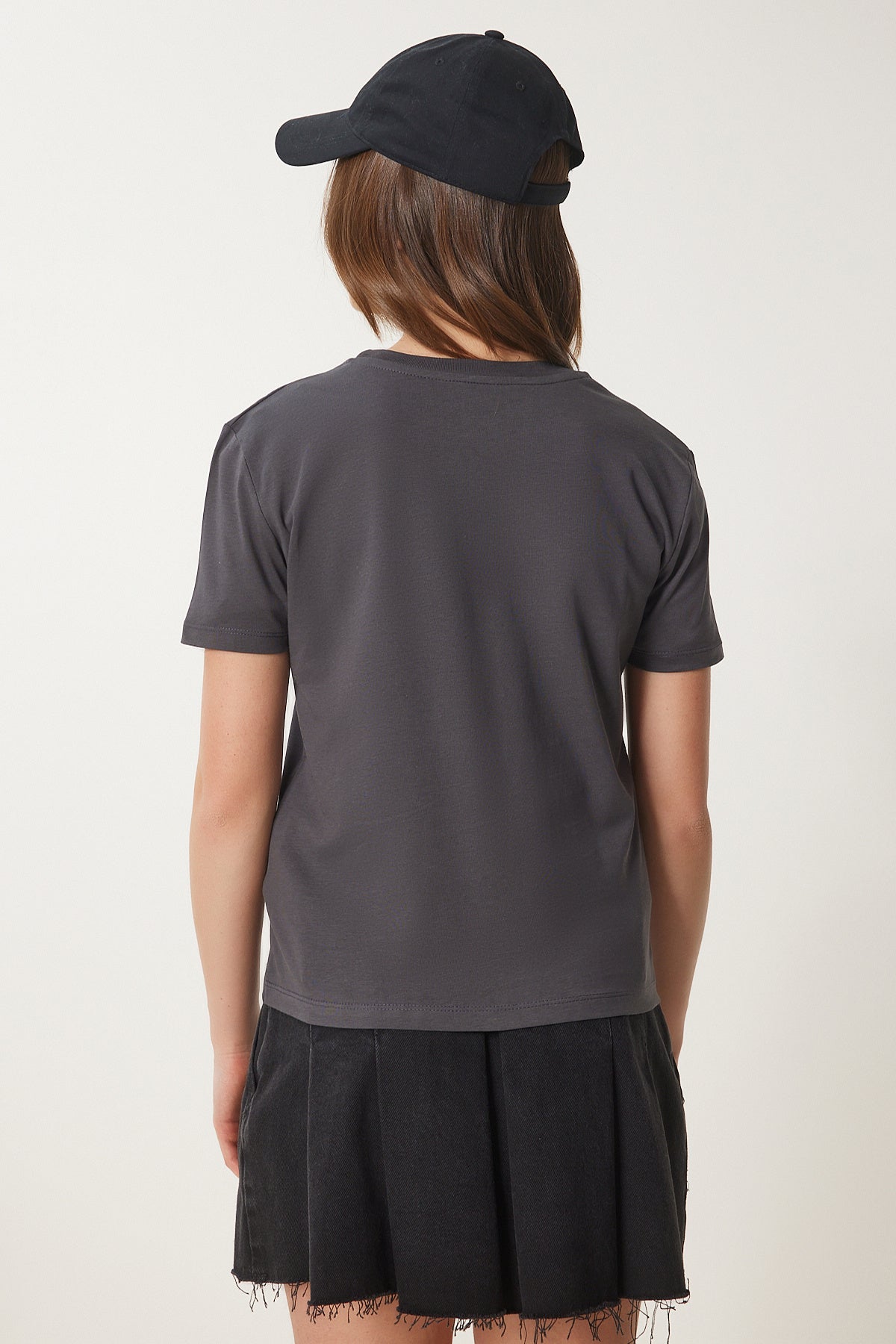 Antrasit Ayıcık İşlemeli Pamuklu Örme T-Shirt CR00455