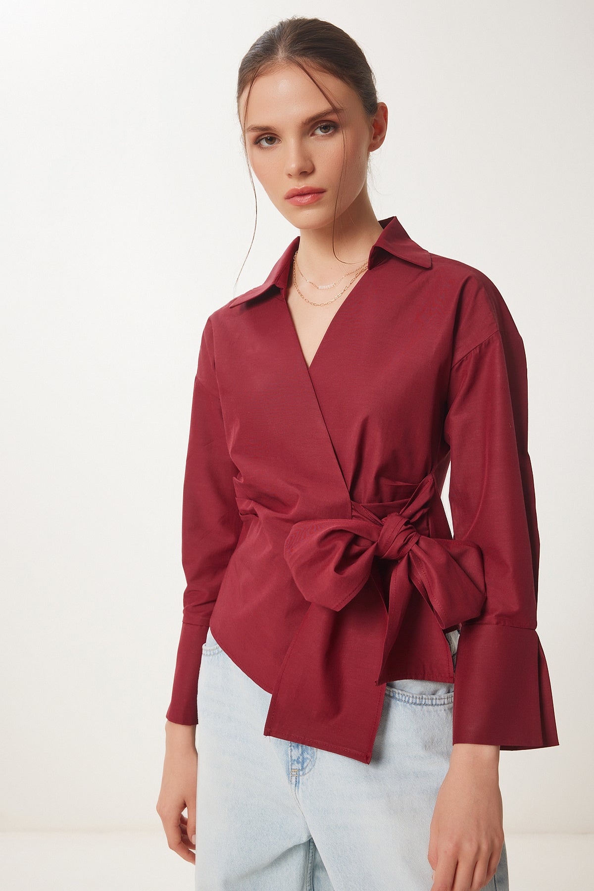 Bordo Gömlek Yaka Anvelop Poplin Bluz DP00243